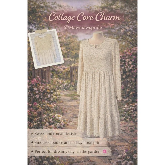 Dresses & Skirts - Cottage Core Charm Ditzy Floral Smocked Bodice Tiered Ruffle Hem Dress Cream M